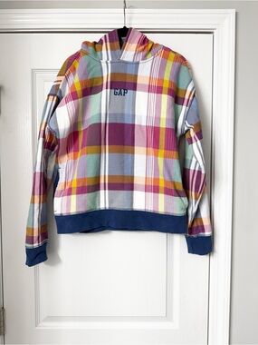 GAP Girl’s Colorblock Plaid Hoodie in Navy, Purple & Mint
